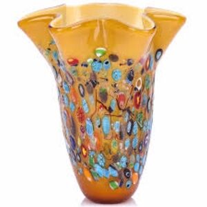 DOVDOV Handmade Glass Blown Orange Wide Mouth Irregular Vase, Modern Art Decora
